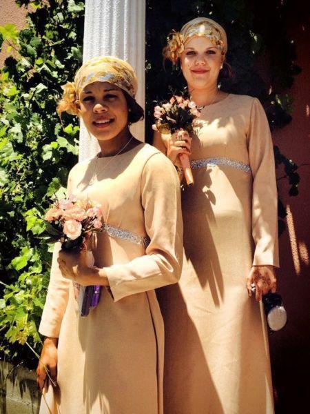 Gold and biscuit bridesmaid dresses to hire