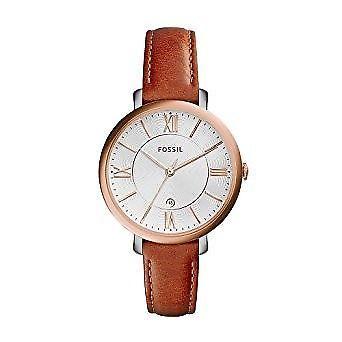 fossil watch with rose gold face and brown leather strap