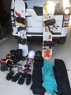 Snowboarding boards, boots and bindings, gloves, goggles, helmets, pants etc