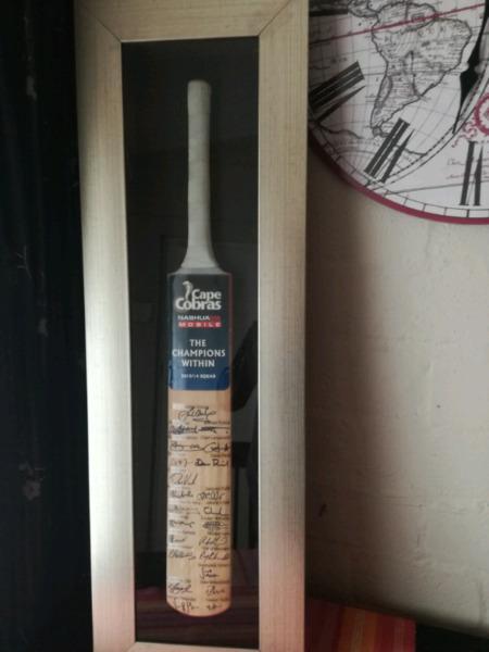 Framed, signed cricket bat from 2013/14 Nashua Cape Cobras Squad