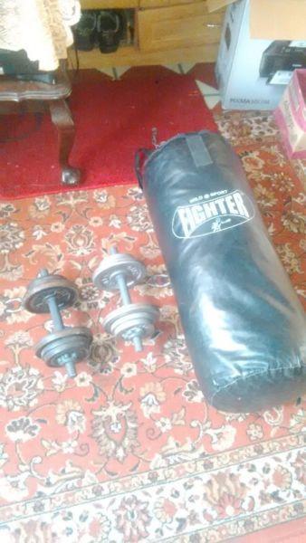 Boxing bag with dumbells for sale