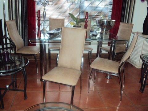 Dining Room Table Chrome With Glass 6 Seater With 6 Beige Leather High Back Chairs In Excel Cond