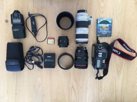Canon 5d mkii body, canon 24-105mm f4 IS lens, 70-200mm f4 IS lens, canon 50mm 1.8 lens and extras