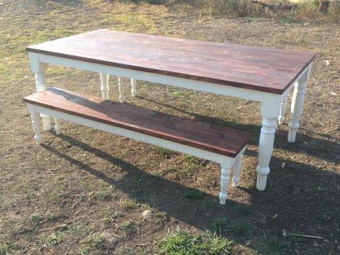Eight seater table and bench set with turned legs