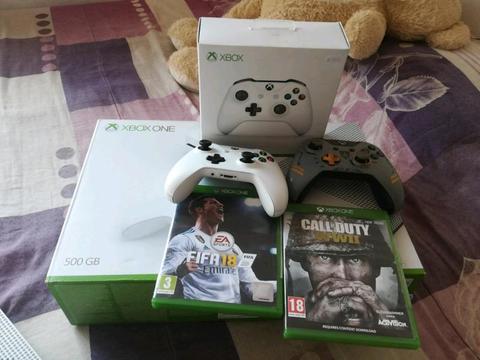 Xbox one S with games and two controllers
