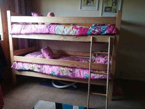Wood Bunk Beds. Very good Condition Incl Ladder and two mattresses still covered in plastic!