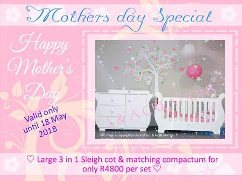 Motherday Special: large sleigh cot & matching compactum