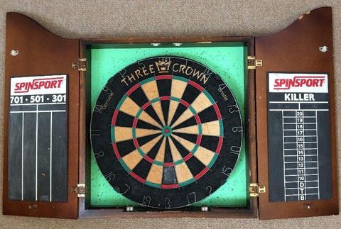 Three Crown Dartboard with Wooden Cabinet and Chalkboards