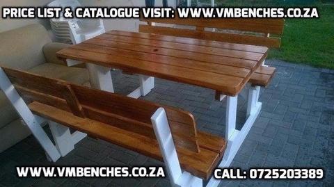 PATIO BENCHES and OUTDOOR FURNITURE, FULL PRICE LIST--- CATALOGUE visit --- WWW.VMBENCHES.CO.ZA