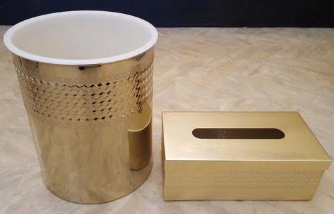 GOLD TISSUE HOLDER AND BIN SET - WEAVE DESIGN