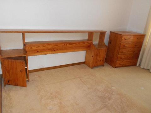 Quality Pine Double Headboard with attached Side Units and Chest of Drawers : Bargain