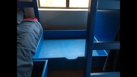 Kids large bunk beds, study table & chair, storage space, book shelf all matching. Reduced price