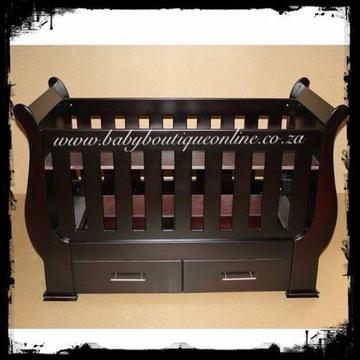Darkwood Sleigh Cot with Drawers - Brand New