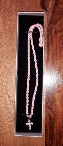 Silver Cross with Crystals on Pink Silk Cord