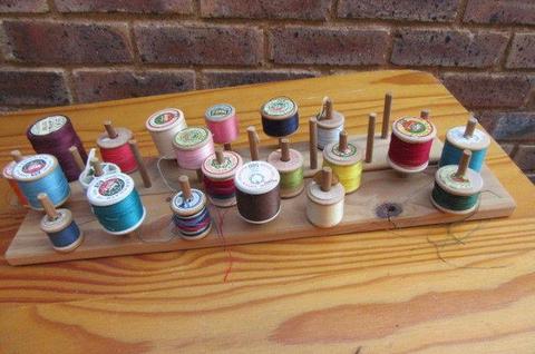 17 VARIOUS WOODEN COTTON REELS AND 3 PLASTIC ONES ON TWO STANDS - AS PER SCAN