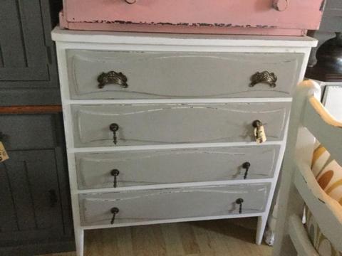 Shabby chic chest of drawers, new handles, stunning stone and white