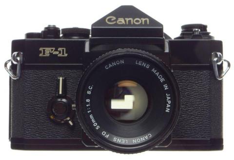CANON F1 Black 35mm SLR vintage film camera FD 50mm 1:1.8 S.C hood strap clean 1.8/50