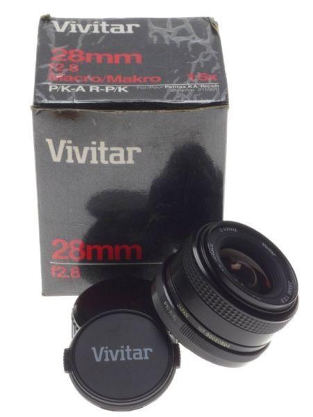 VIVITAR PK-A/R Macro 28mm f2.8 MINT boxed 35mm vintage film camera lens 2.8/28mm Wide angle