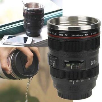 Travel Camera Lens Cup Mug Thermos Stainless Steel, Leak-Proof Lid