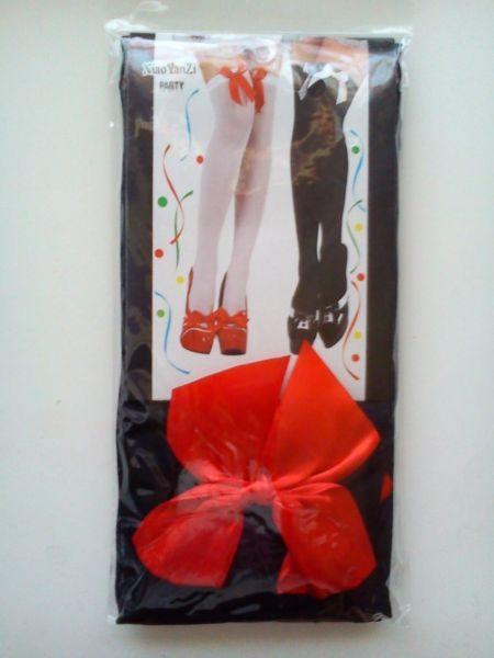 Black thigh high stockings with red bow