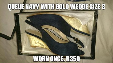 Queue shoes navy and gold wedge size 8