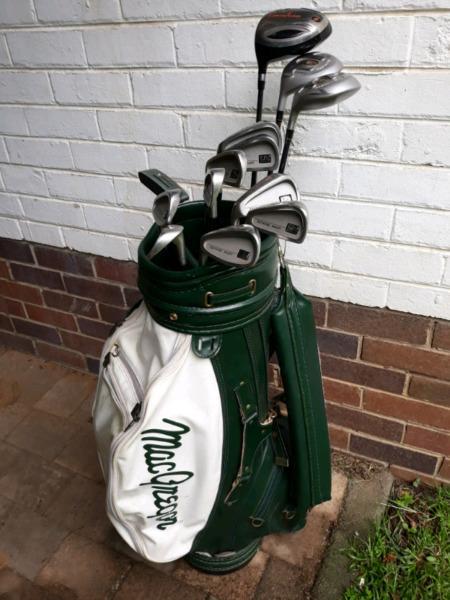 Left hand MacGregor DX Oversize golf clubs with Powerbilt driver and fairway woods