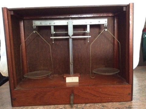 Antique laboratory scale in a wooden box