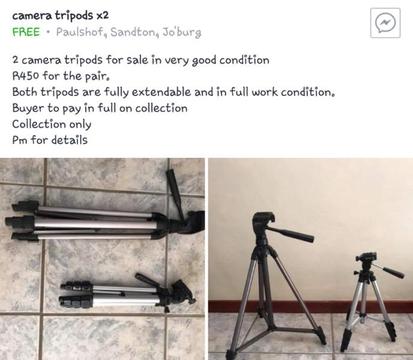 2 x Camera Extendable Tripods and 2 x Cooler Boxes (1 Soft Bag and 1 Hard Box ) for Sale