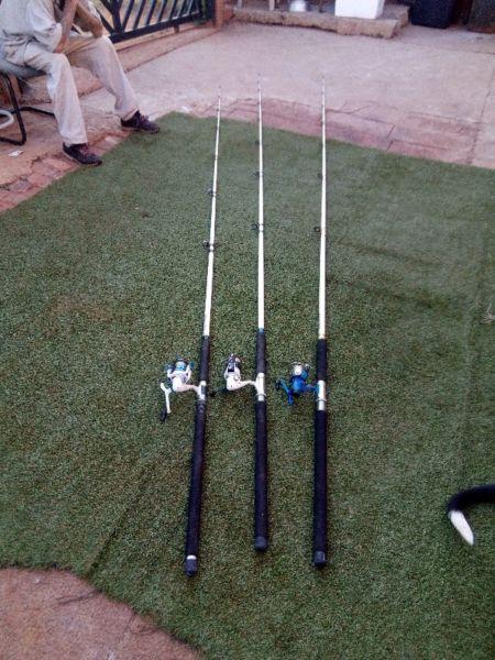 3 Blue Marlin Carp fishing rods with reels
