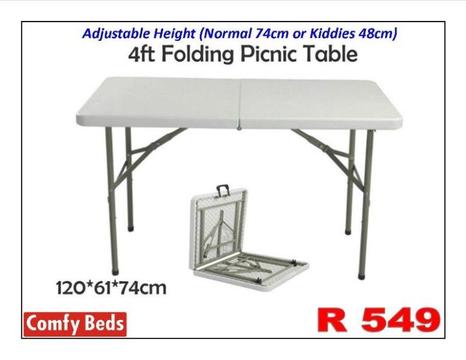 Fold up tables, Plastic. Camp, Braai. 1.8m R599. Randvaal, Meyerton.We also sell beds at Low prices