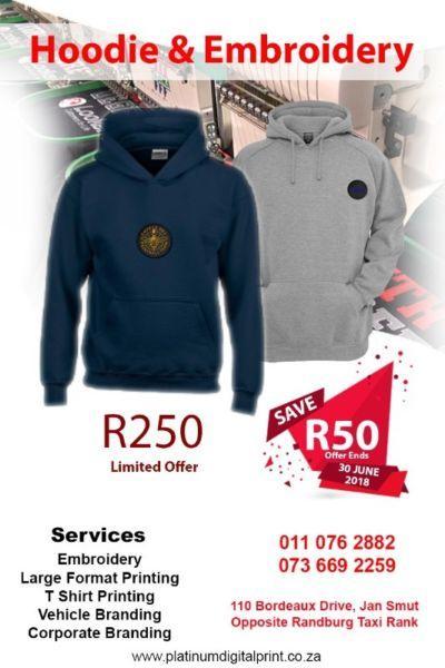 Hoodie and Embroidery for only R250 Also Available Sweaters, Beanies. www.platinumdigitalprint.co.za