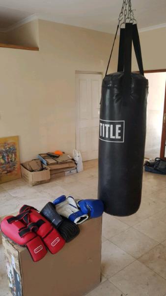 Large boxing bag, gloves, shin pads