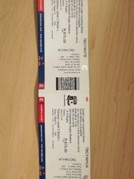 2 Tickets for the rugby test SA vs England at Newlands