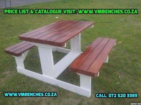 PATIO BENCHES and OUTDOOR FURNITURE, FULL PRICE LIST--- CATALOGUE visit --- WWW.VMBENCHES.CO.ZA