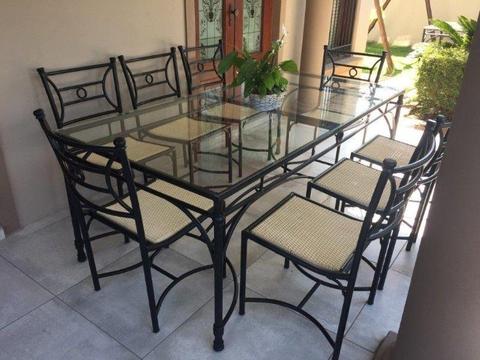 PATIO SET. STEEL/ALUMINIUM FRAME TABLE WITH 10mm SAFETY GLASS TOP & 8 x RATTAN CHAIRS