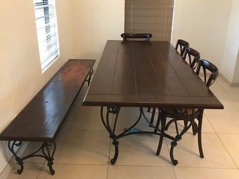 Coricraft Oak and wrought iron 2.5m dining room table with 2.5m bench and 6 St Tropez chairs