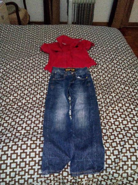 boys 7 to 8 catatpillar jeans and red shirt