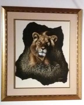 Lion Oil Painting on Leather - Framed - Large