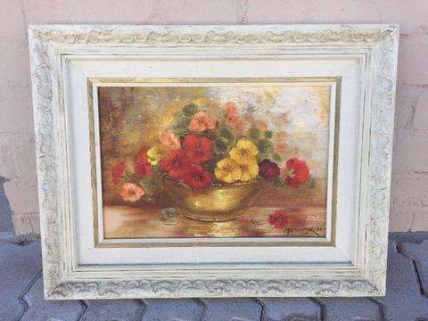 Oil painting floral still life, signed Mia Venter