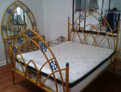 Beautiful Gold Queen Size Steel Bed & Pedestals & Dresser & Chair