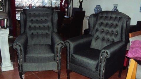 Wing Back Chairs x 2 Grey Fabric Selling Both For R 4 ,000 In Excel Cond