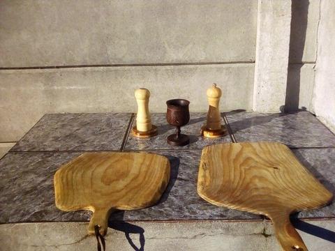 2 Wooden cutting boards with antique cup, matching pepper grinder and salt shaker