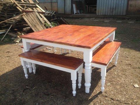1.5m Square table and 4 bench set