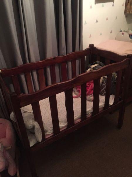 Dark wooden cot with Mattress and Bumper