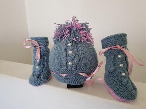 Stunning hand knitted baby hat and boot sets! Unique and special baby shower gift!