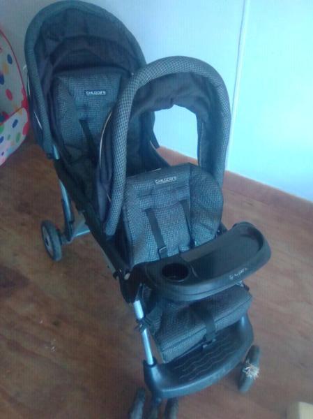 Baby goodies (Twin Pram, bumbo, angel care nappy bin and cot with mattress)