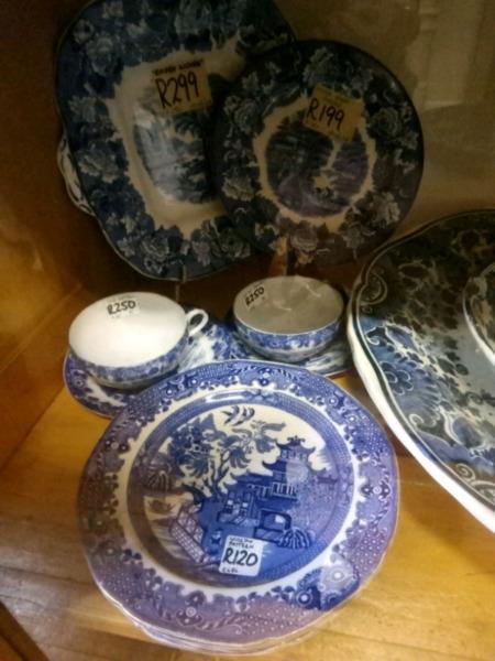 Blue and white old willow pattern dinnerware