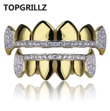 New Available TOPGRILLZ Gold Hip Hop Teeth Grillz Micro Pave Cubic Zircon Vampire Fangs Teeth
