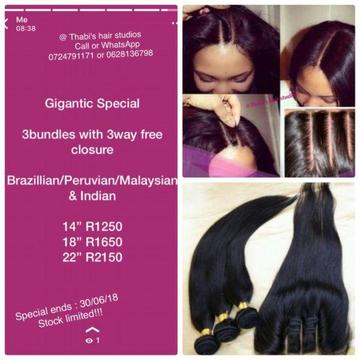 Great special on Brazilian,Peruvian,Indian and Malaysian hair,wigs and closure