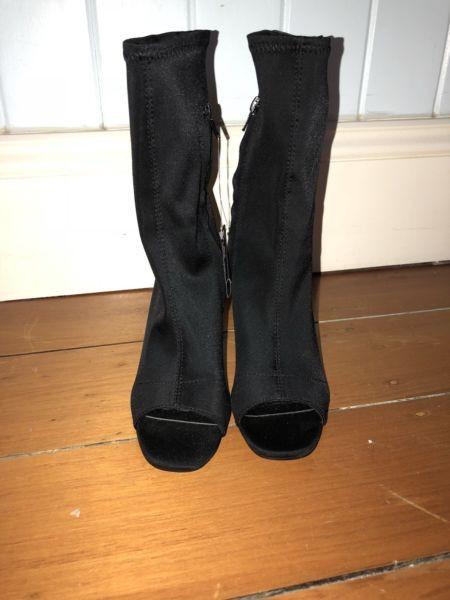 Size 37 Black peep toe sock boots